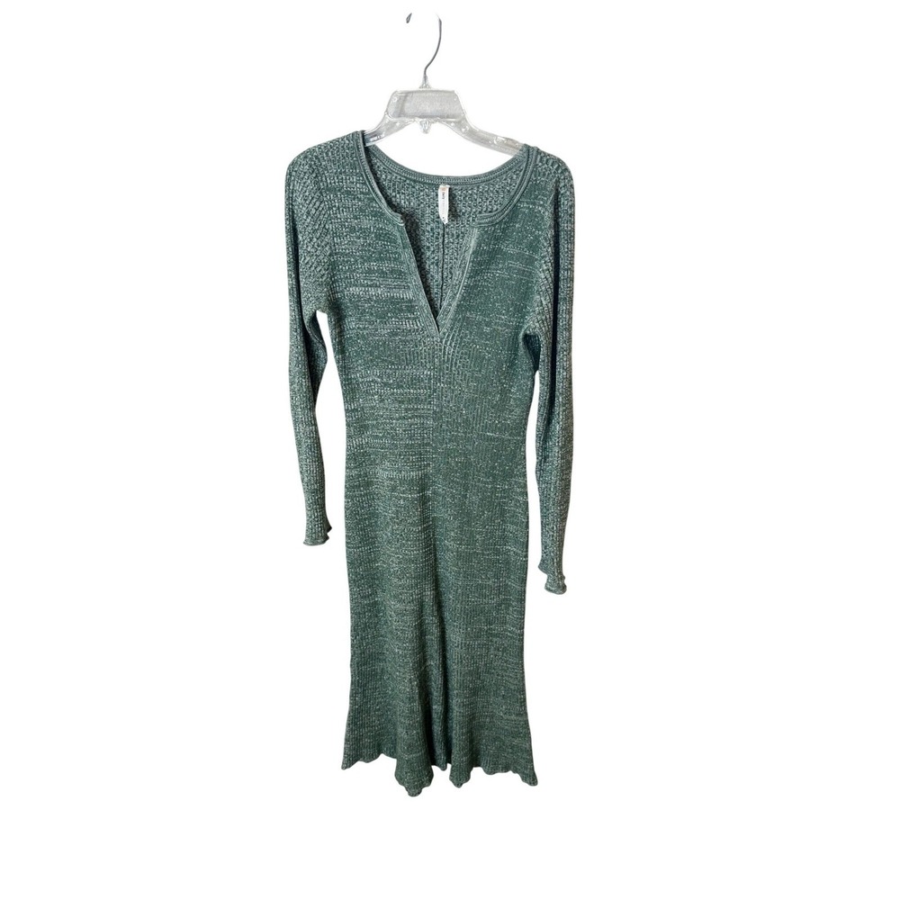Daily Practice Ribbed Knit V Neck Long Sleeve Midi Dress Green Size M